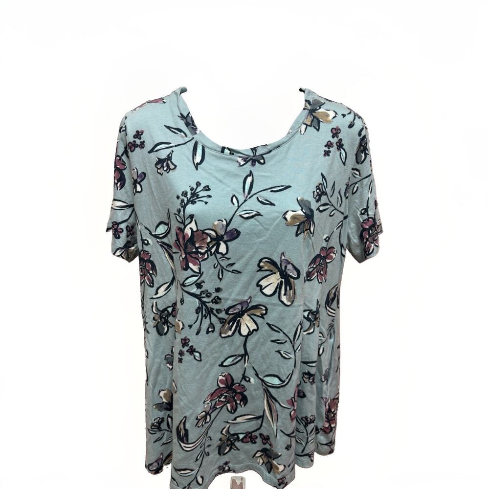 LOGO Lori Goldstein Womens Large Blue Floral Short Sleeve Tunic Top Soft Stretch